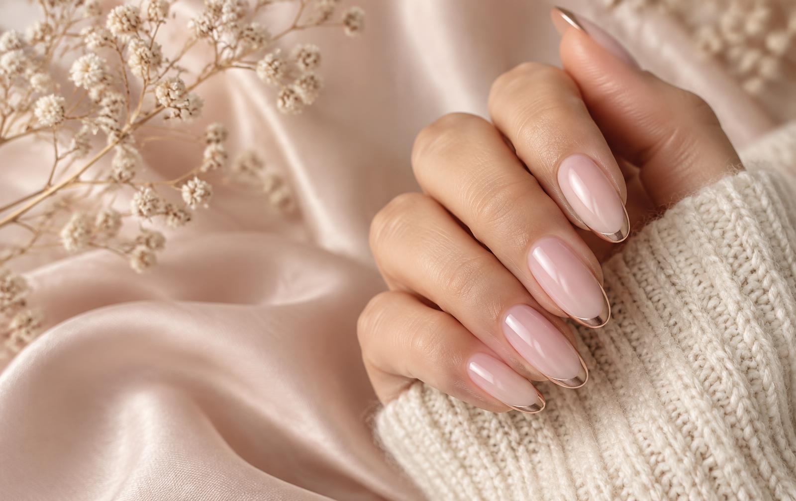 Elegant nude manikyr med tunna roséguldsdetaljer